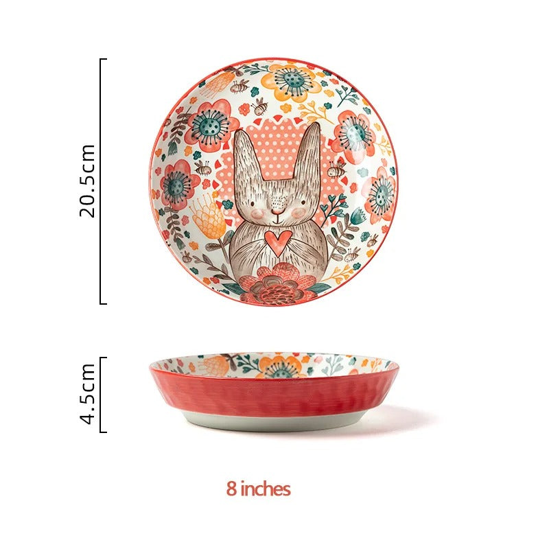 Cute Rabbit Ceramic Bowl & Plate Set Hand-Painted Underglaze Noodle Soup Salad Dinnerware