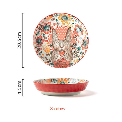 Cute Rabbit Ceramic Bowl & Plate Set Hand-Painted Underglaze Noodle Soup Salad Dinnerware