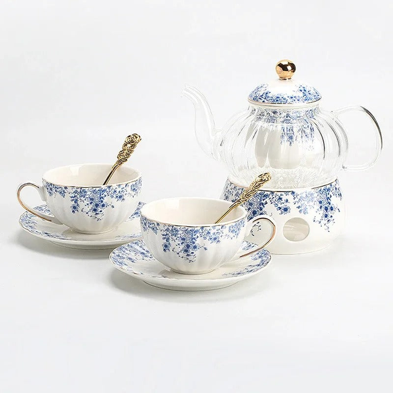 Glass Teapot Set with Warmer, Blue & White Porcelain Cups