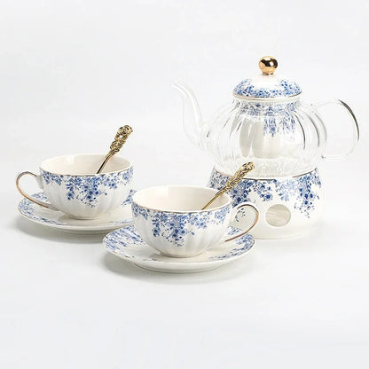 Glass Teapot Set with Warmer, Blue & White Porcelain Cups