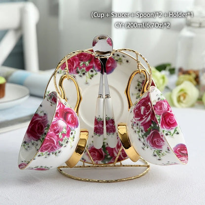 Bone China Coffee & Tea Set, Rose Pattern