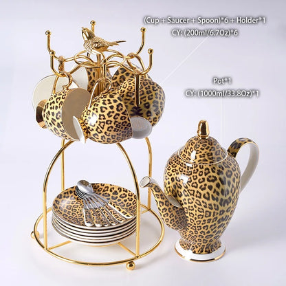 Bone China Tea & Coffee Set, Leopard Print, Porcelain, Teapot, Cups