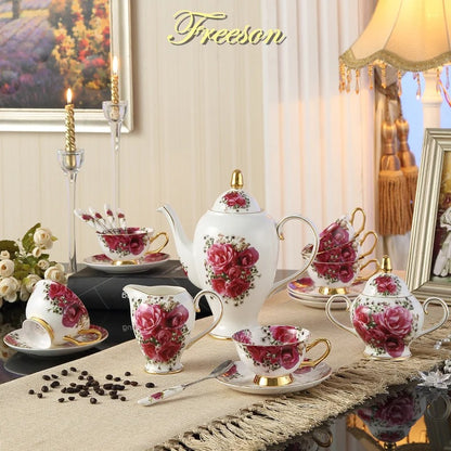 Bone China Coffee & Tea Set, Rose Pattern