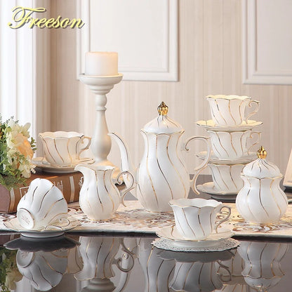 Bone China Tea & Coffee Set, European, Gold Inlay, Teapot, Cups