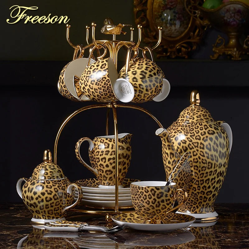 Bone China Tea & Coffee Set, Leopard Print, Porcelain, Teapot, Cups