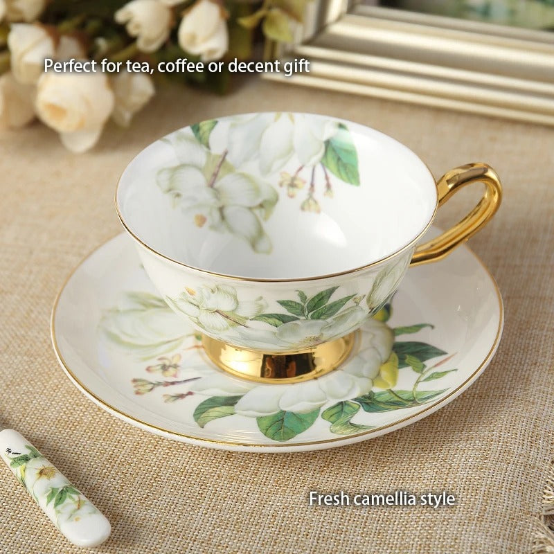 Bone China Tea Set, Camellia, British Porcelain, Teapot, Cups