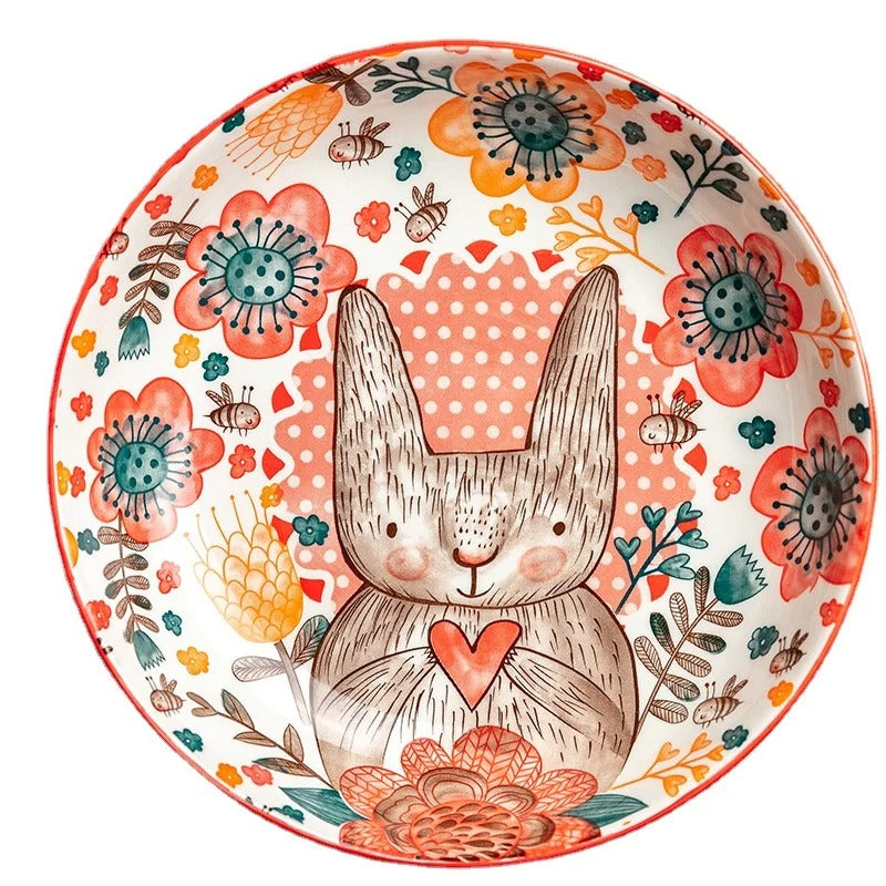 Cute Rabbit Ceramic Bowl & Plate Set Hand-Painted Underglaze Noodle Soup Salad Dinnerware