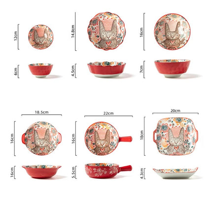 Cute Rabbit Ceramic Bowl & Plate Set Hand-Painted Underglaze Noodle Soup Salad Dinnerware