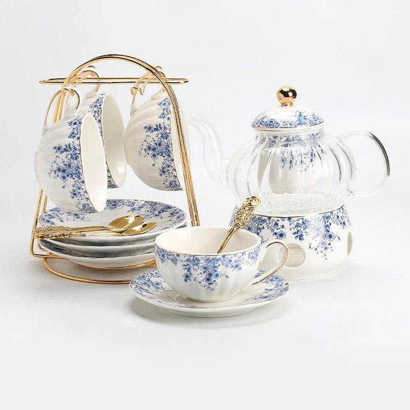 Glass Teapot Set with Warmer, Blue & White Porcelain Cups