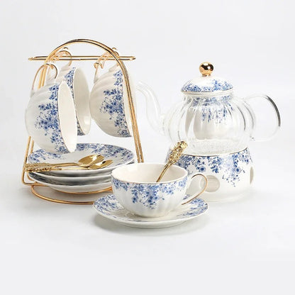 Glass Teapot Set with Warmer, Blue & White Porcelain Cups