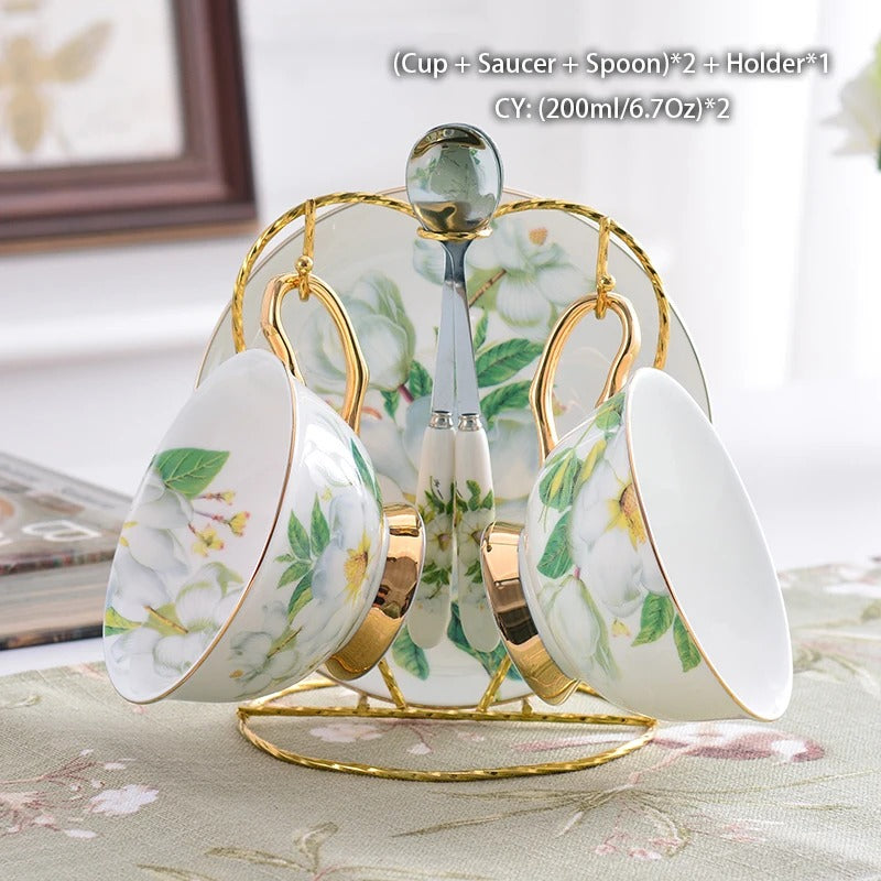 Bone China Tea Set, Camellia, British Porcelain, Teapot, Cups