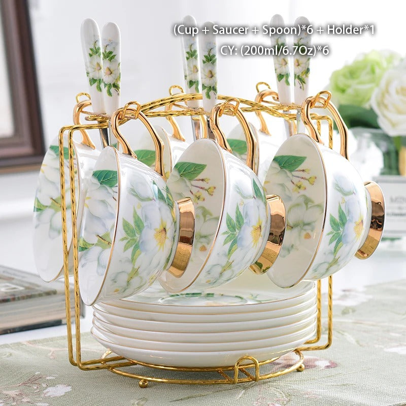 Bone China Tea Set, Camellia, British Porcelain, Teapot, Cups